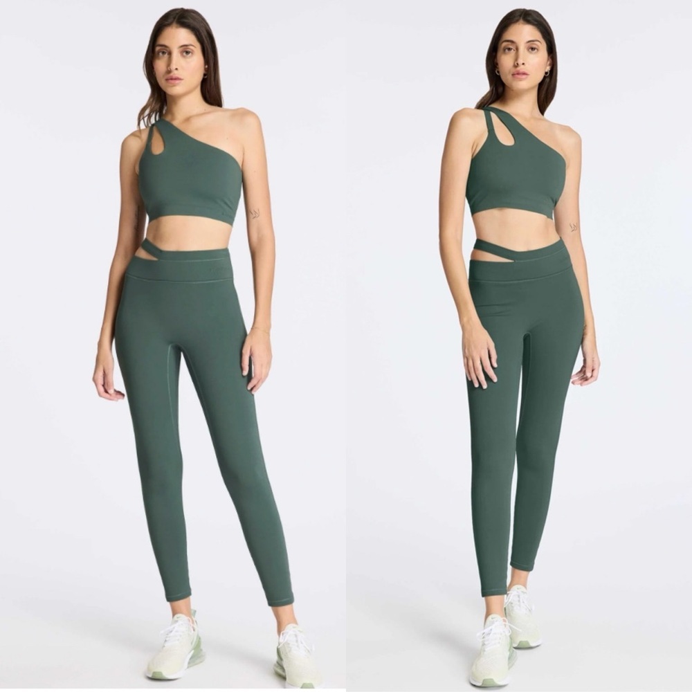 Asymmetric Cutout Crop Top and High-Waist Leggings Set - Forest Green